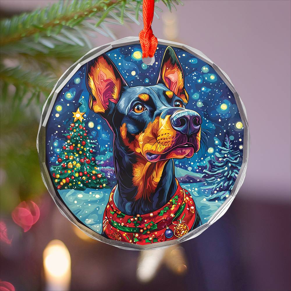 Beautiful Angus Doberman Pinscher Dog Christmas Night Design 1 Glass Ornament