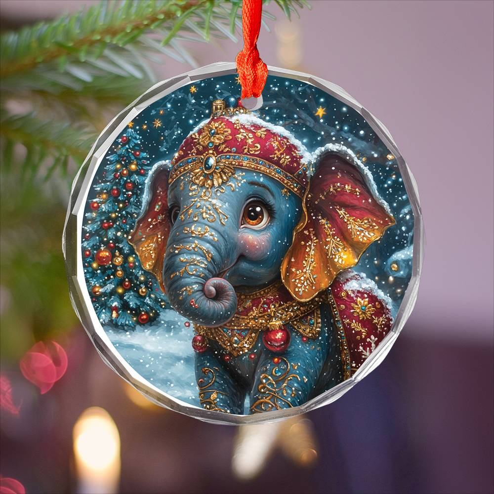 Beautiful Elephant Christmas Night Design 2 Glass Ornament