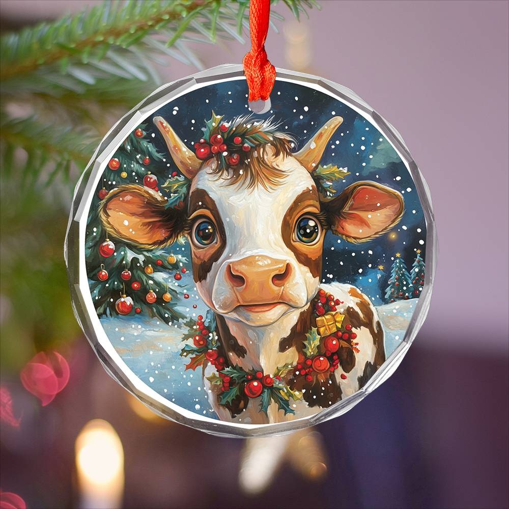 Beautiful Dairy Cow Christmas Night Design 3 Glass Ornament
