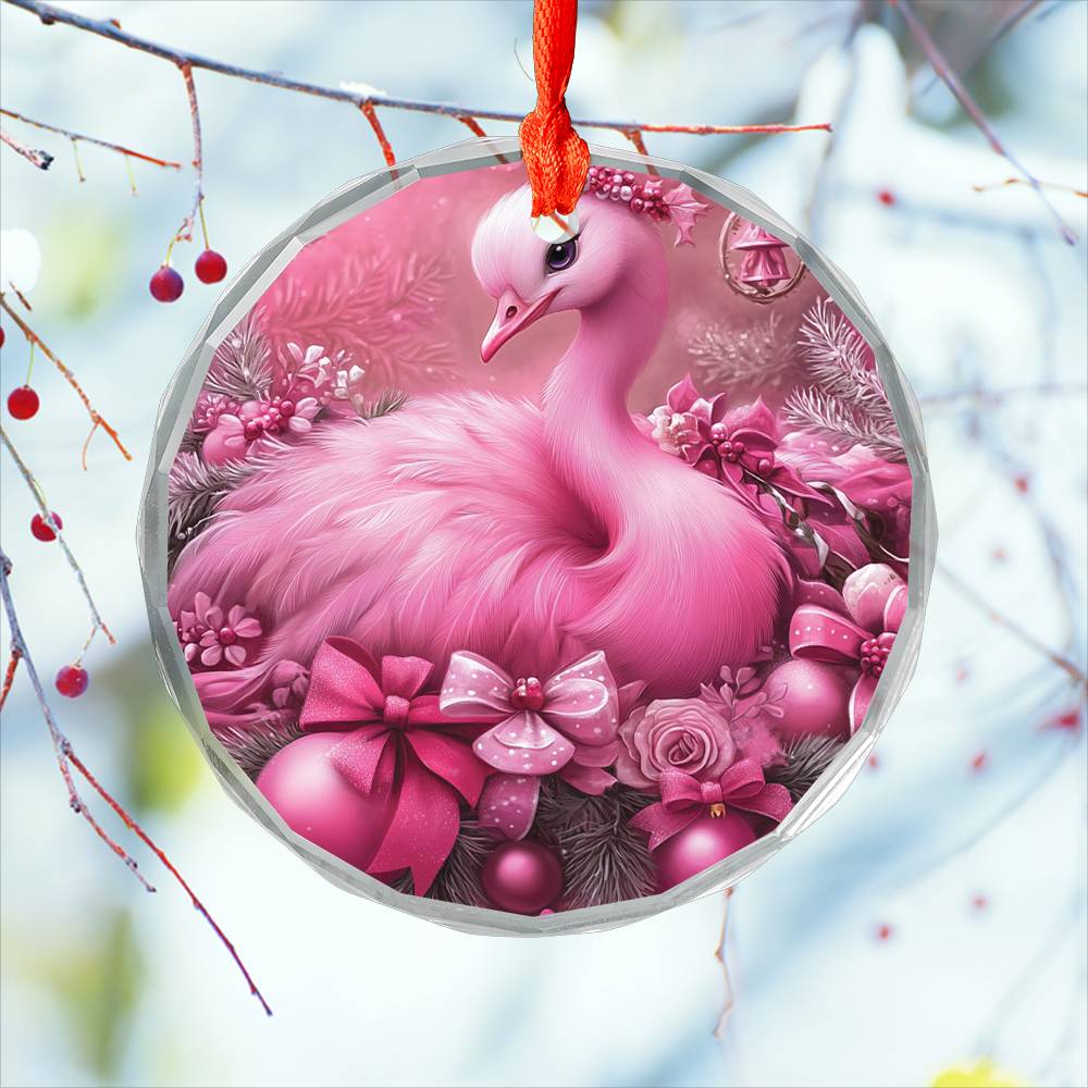 Ostrich Pink Christmas Design 2 Glass Ornament