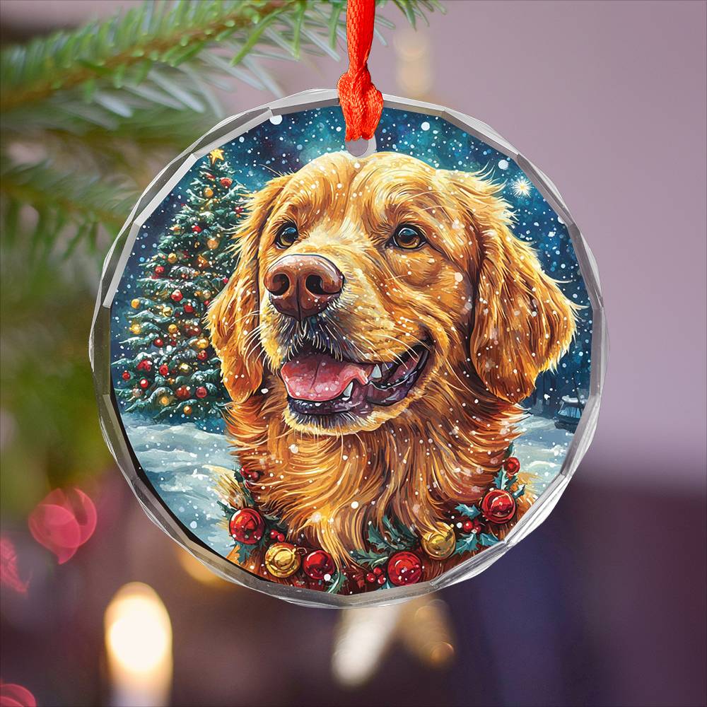 Beautiful Golden Retriever Dog Christmas Night Design 1 Glass Ornament