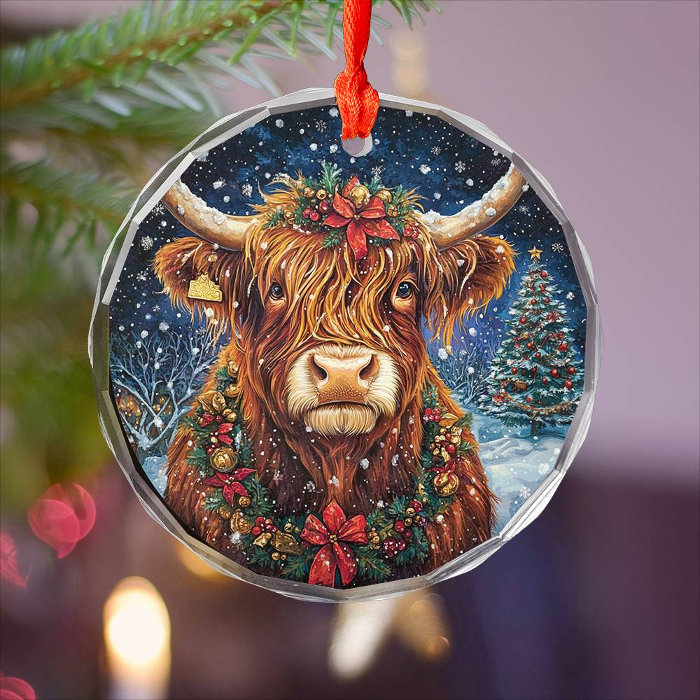 Beautiful Highland Cow Christmas Night Design 1 Glass Ornament