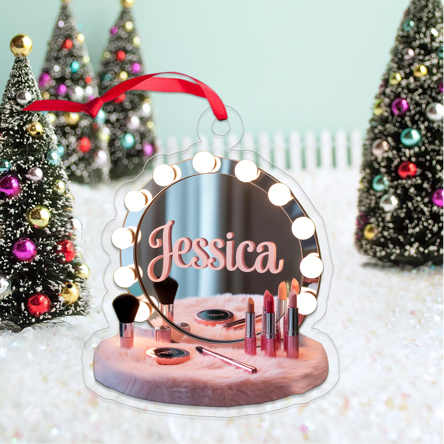 Personalized Makeup Table With Mirror Ornament, Christmas Decor, Beauty Ornaments, Makeup Artist Ornament, Xmas Makeup Gifts