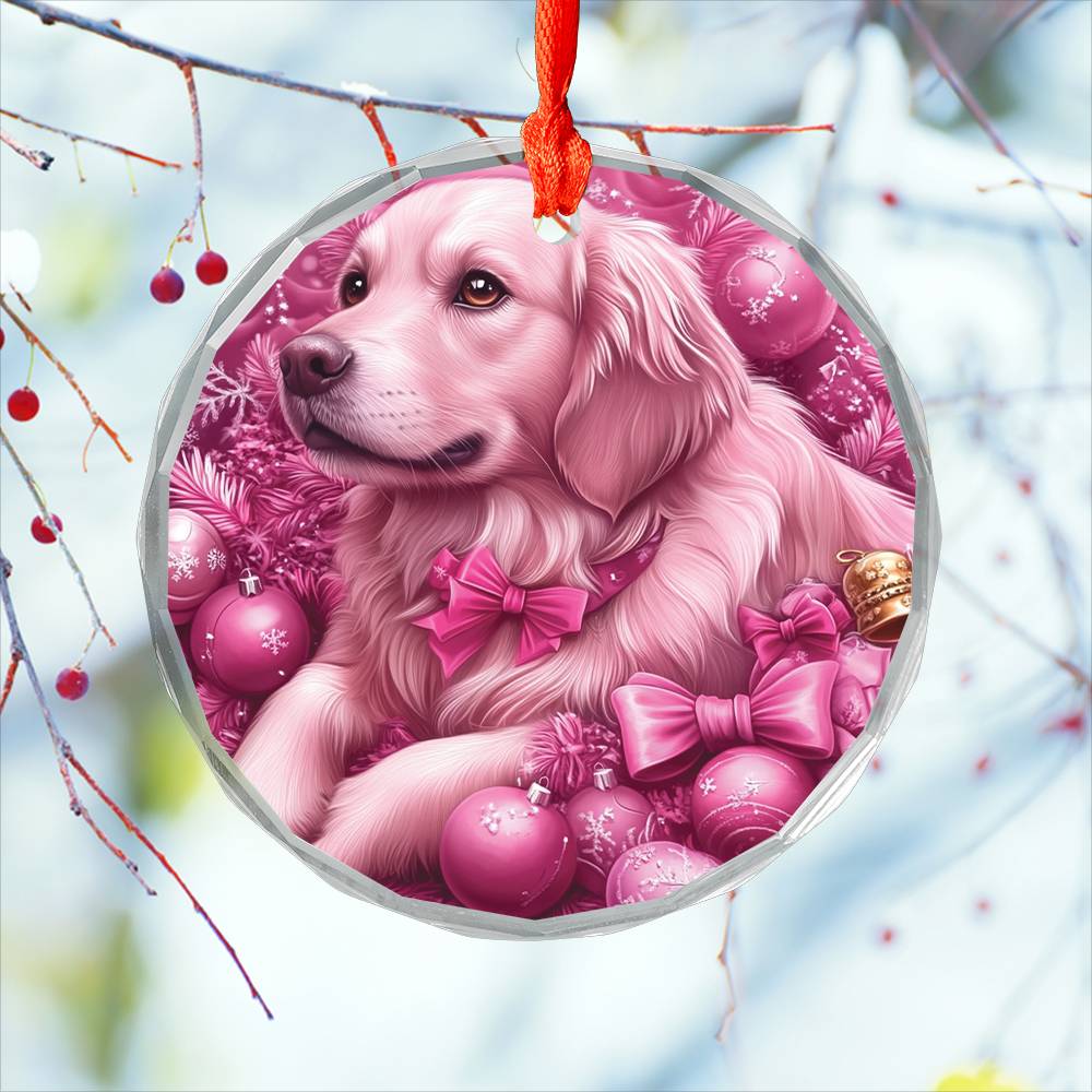 Golden Retriever Dog Pink Christmas Design 3 Glass Ornament