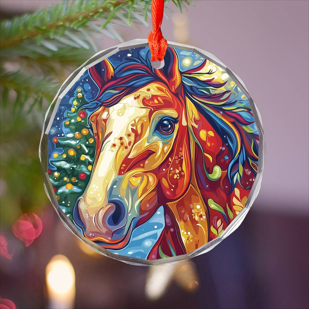 Beautiful Horse Christmas Night Design 2 Glass Ornament