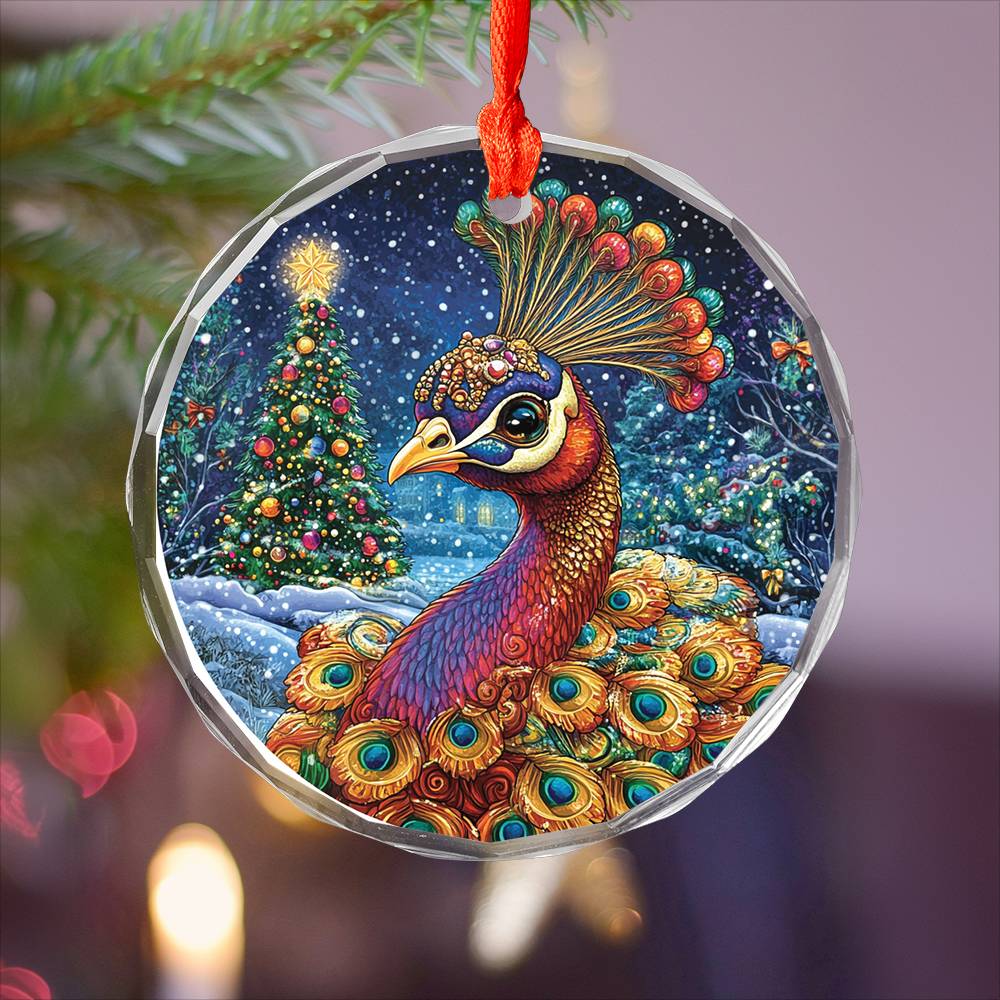 Beautiful Peacock Christmas Night Design 4 Glass Ornament