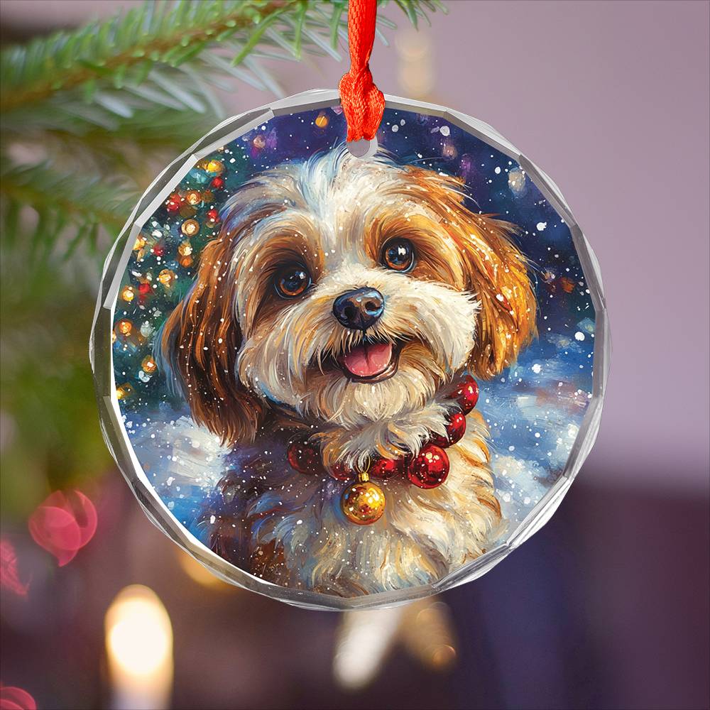Beautiful Havanese Dog Christmas Night Design 3 Glass Ornament