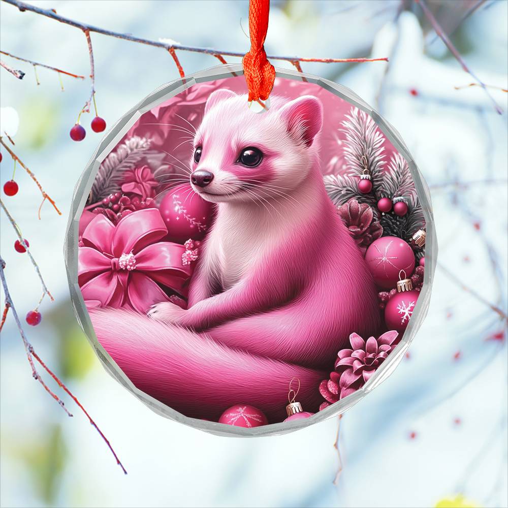 Ferret Pink Christmas Design 2 Glass Ornament