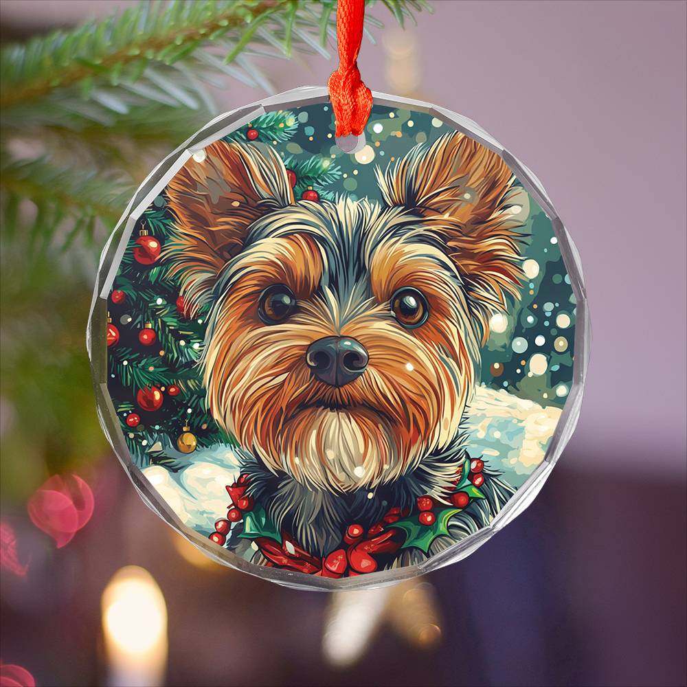 Beautiful Angus Yorkshire Terrier Dog Christmas Night Design 4 Glass Ornament