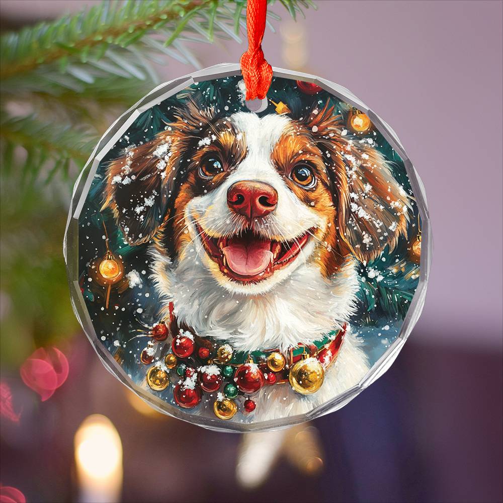 Beautiful Brittany Dog Christmas Night Design 4 Glass Ornament