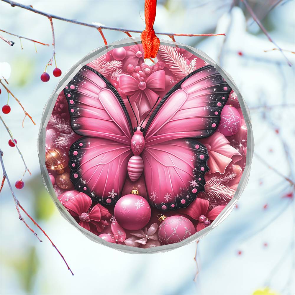 Butterfly Pink Christmas Design 1 Glass Ornament