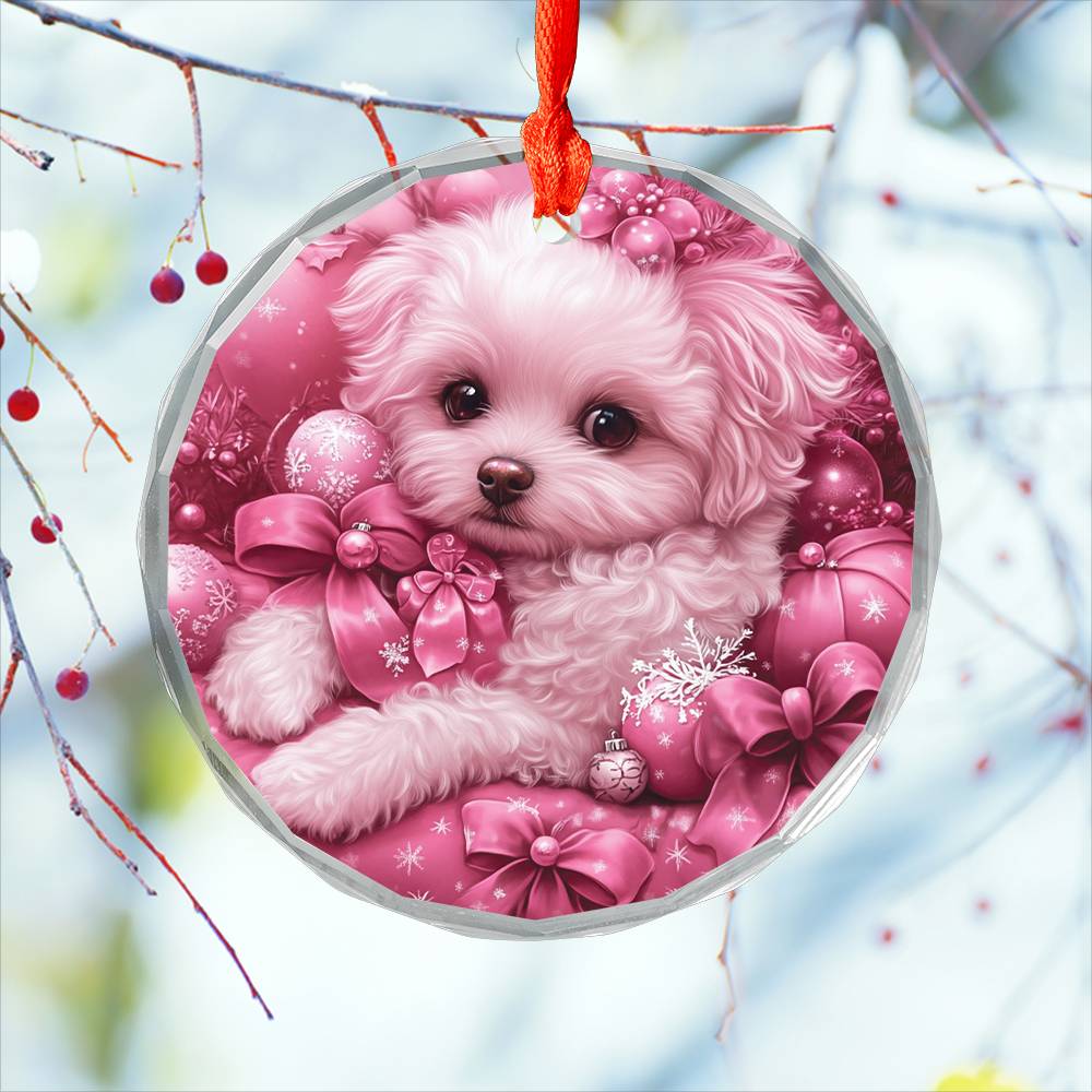 Bichon Frise Dog Pink Christmas Design 3 Glass Ornament