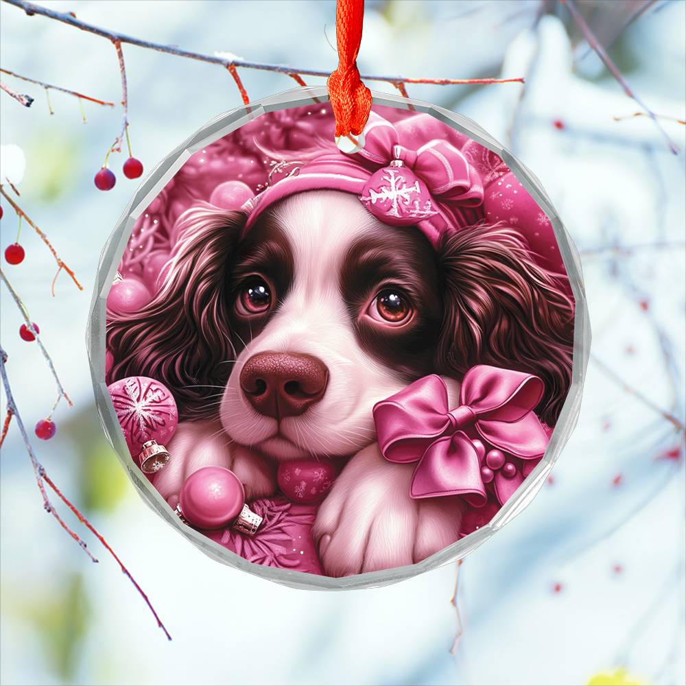 English Springer Spaniel Dog Pink Christmas Design 1 Glass Ornament