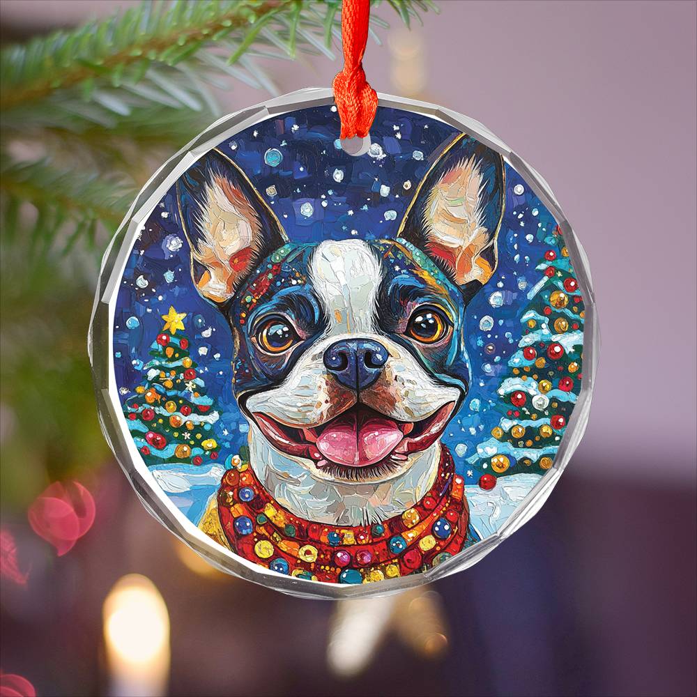Beautiful Boston Terrier Dog Christmas Night Design 3 Glass Ornament
