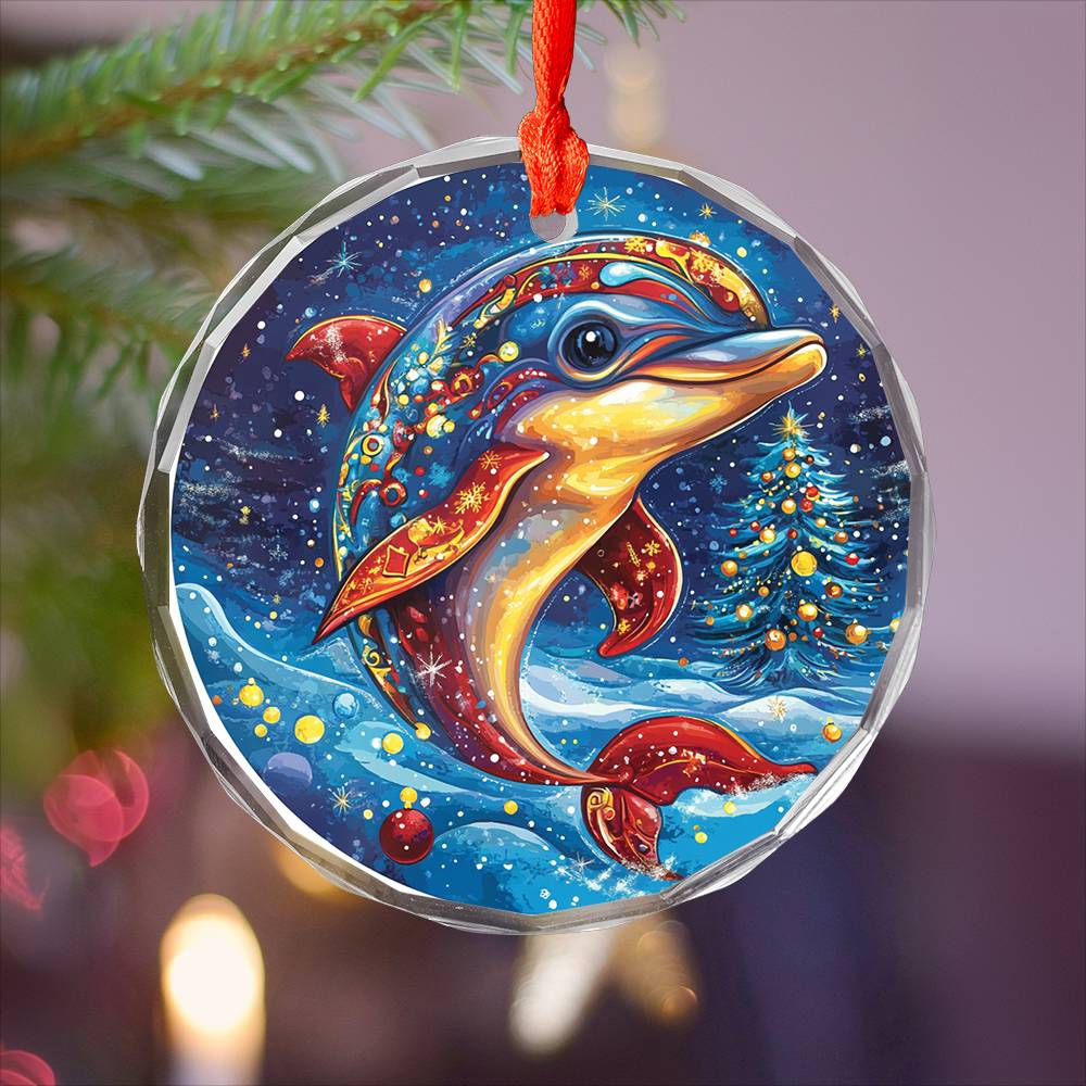 Beautiful Angus Dolphin Christmas Night Design 1 Glass Ornament