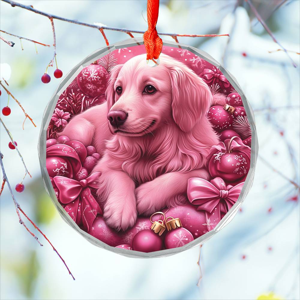 Golden Retriever Dog Pink Christmas Design 1 Glass Ornament