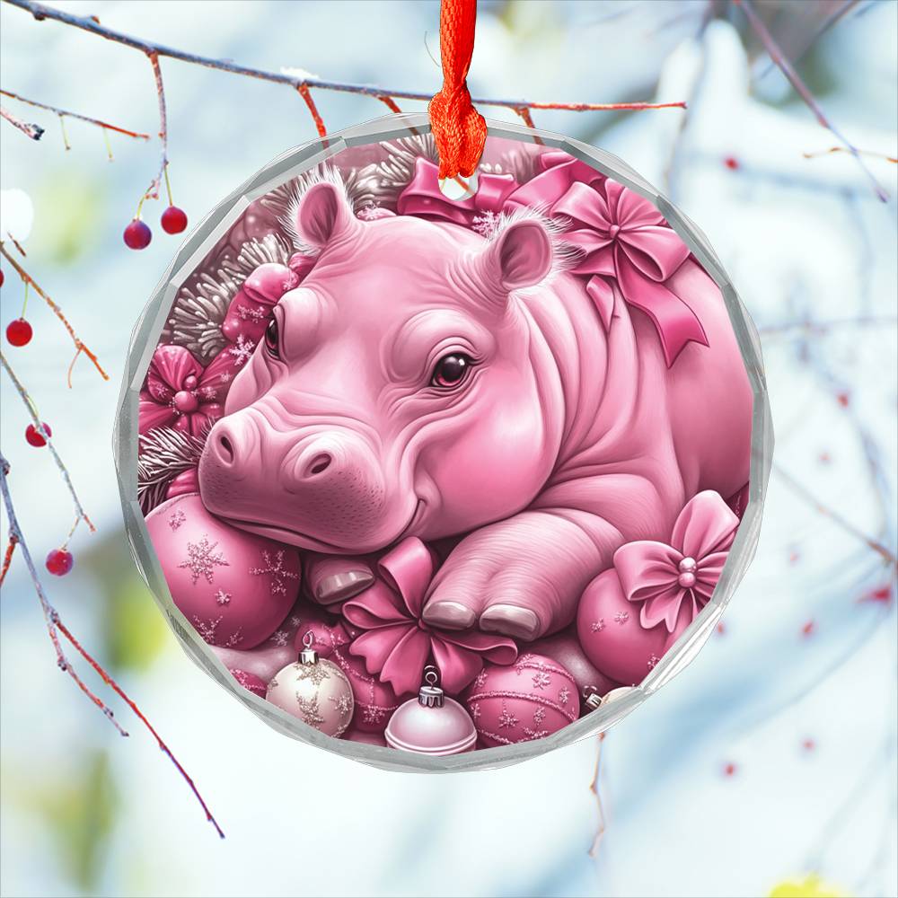 Hippo Pink Christmas Design 1 Glass Ornament