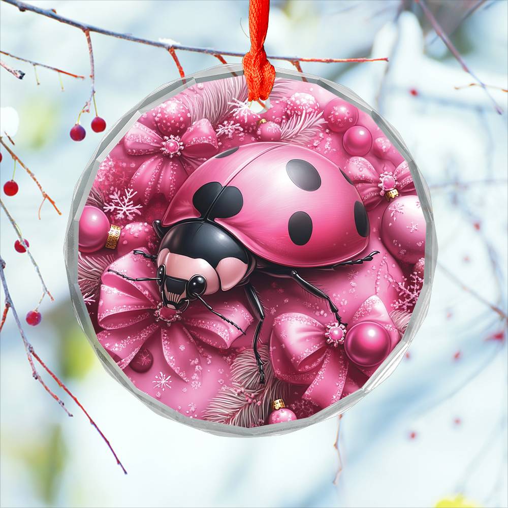 Ladybug Pink Christmas Design 3 Glass Ornament