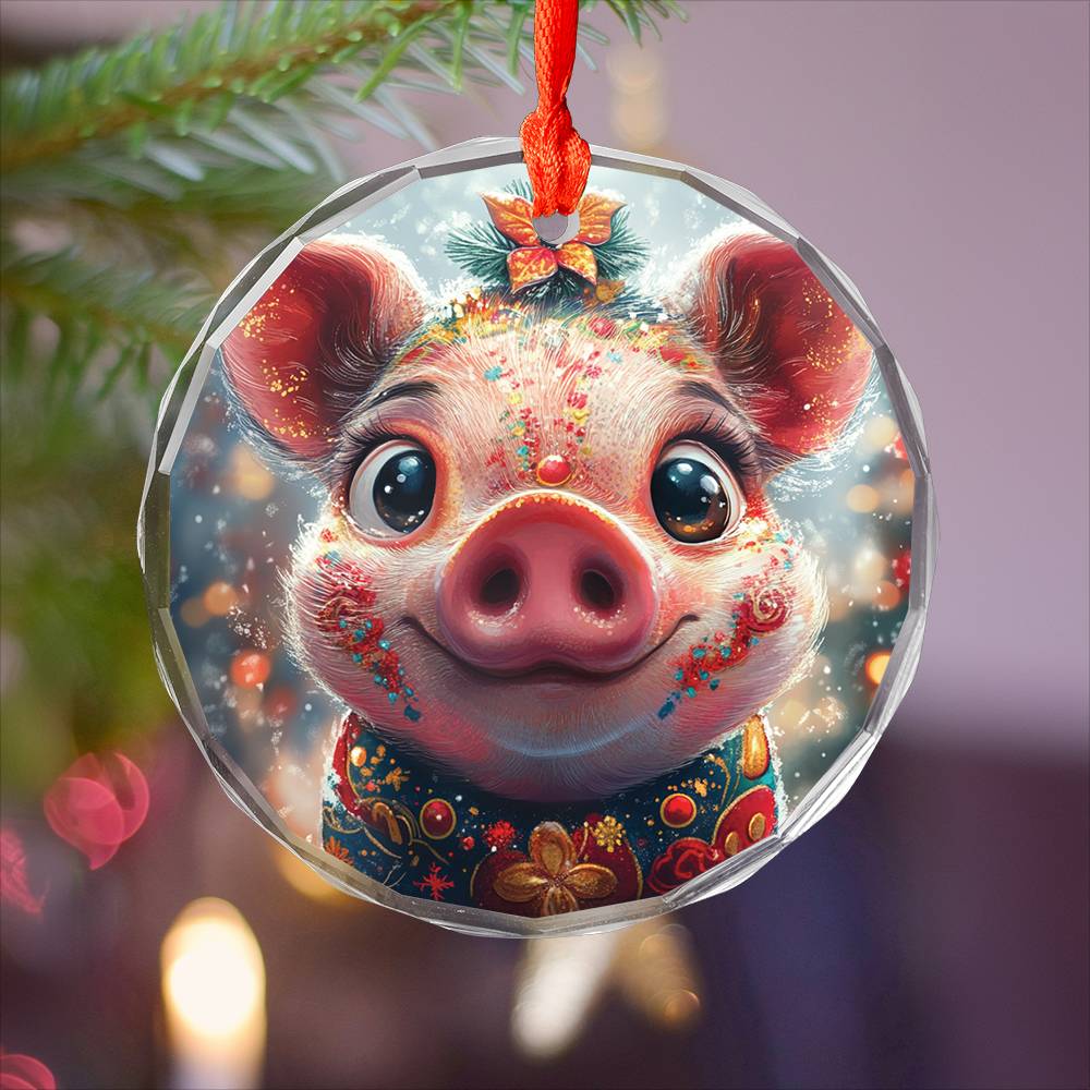 Beautiful Pig Christmas Night Design 1 Glass Ornament