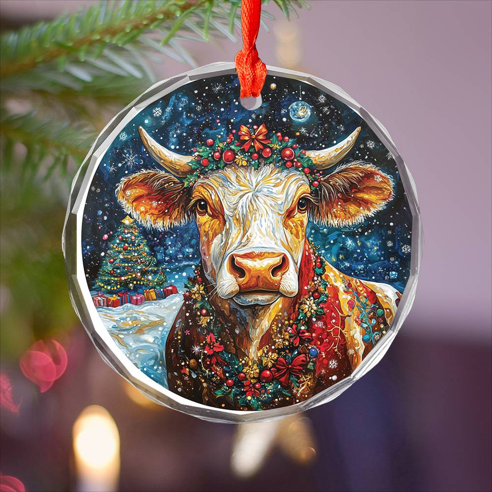 Beautiful Dairy Cow Christmas Night Design 1 Glass Ornament