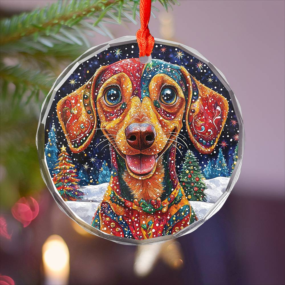 Beautiful Angus Dachshund Dog Christmas Night Design 3 Glass Ornament