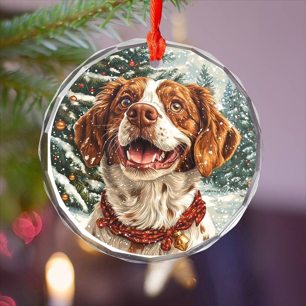 Beautiful Brittany Dog Christmas Night Design 2 Glass Ornament