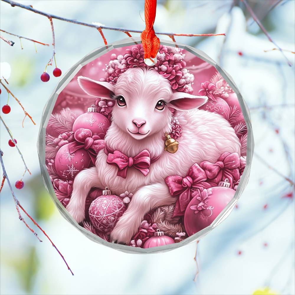 Sheep Pink Christmas Design 1 Glass Ornament