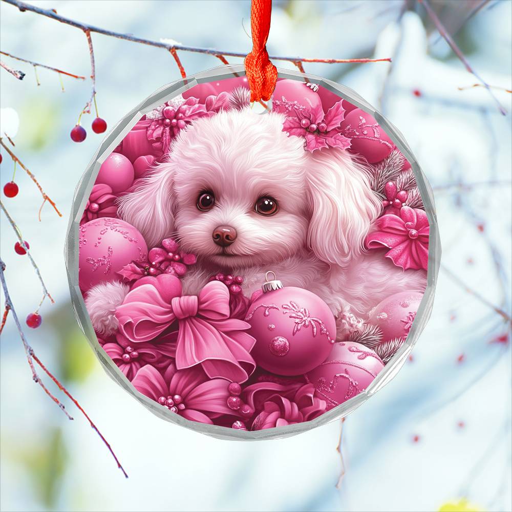 Bichon Frise Dog Pink Christmas Design 1 Glass Ornament