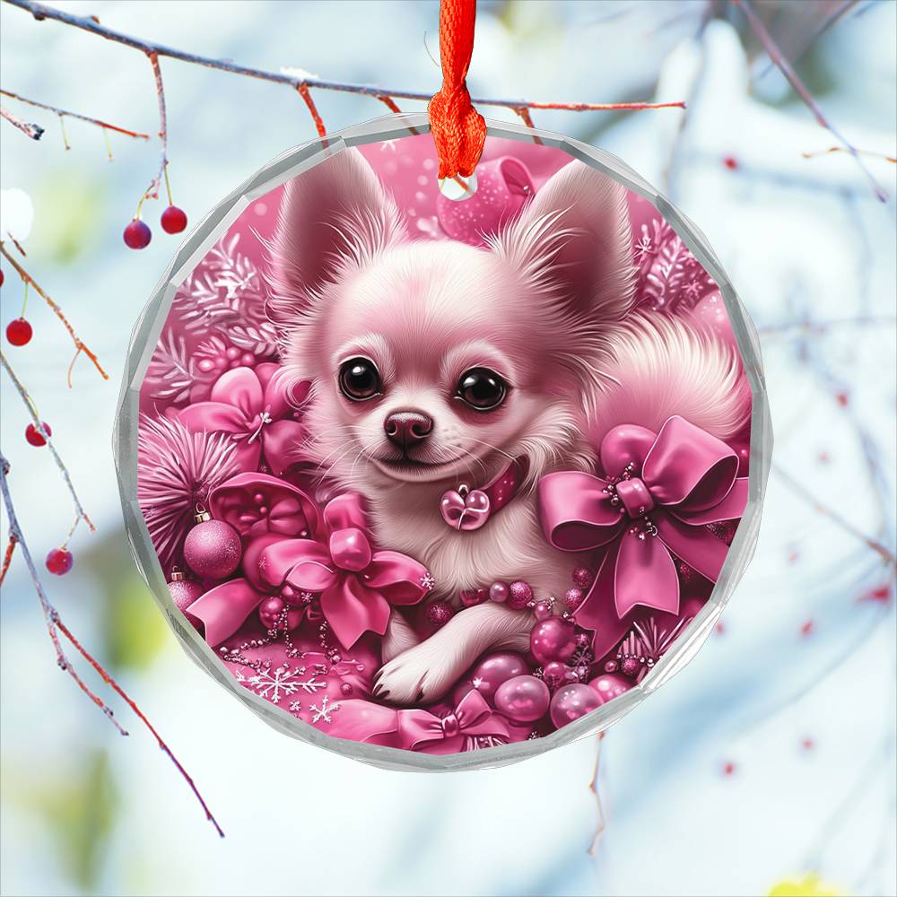 Chihuahua Dog Pink Christmas Design 1 Glass Ornament