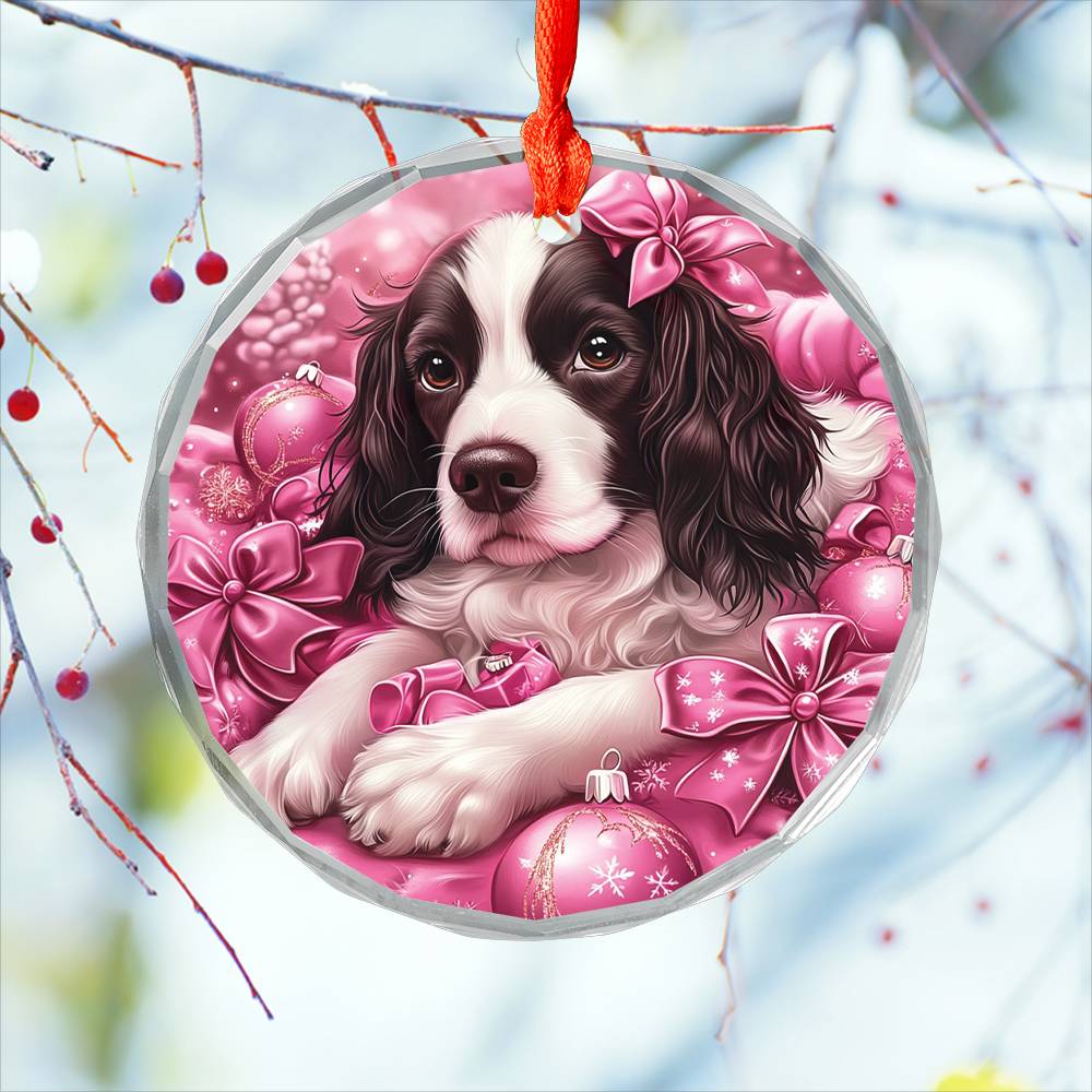 English Springer Spaniel Dog Pink Christmas Design 2 Glass Ornament
