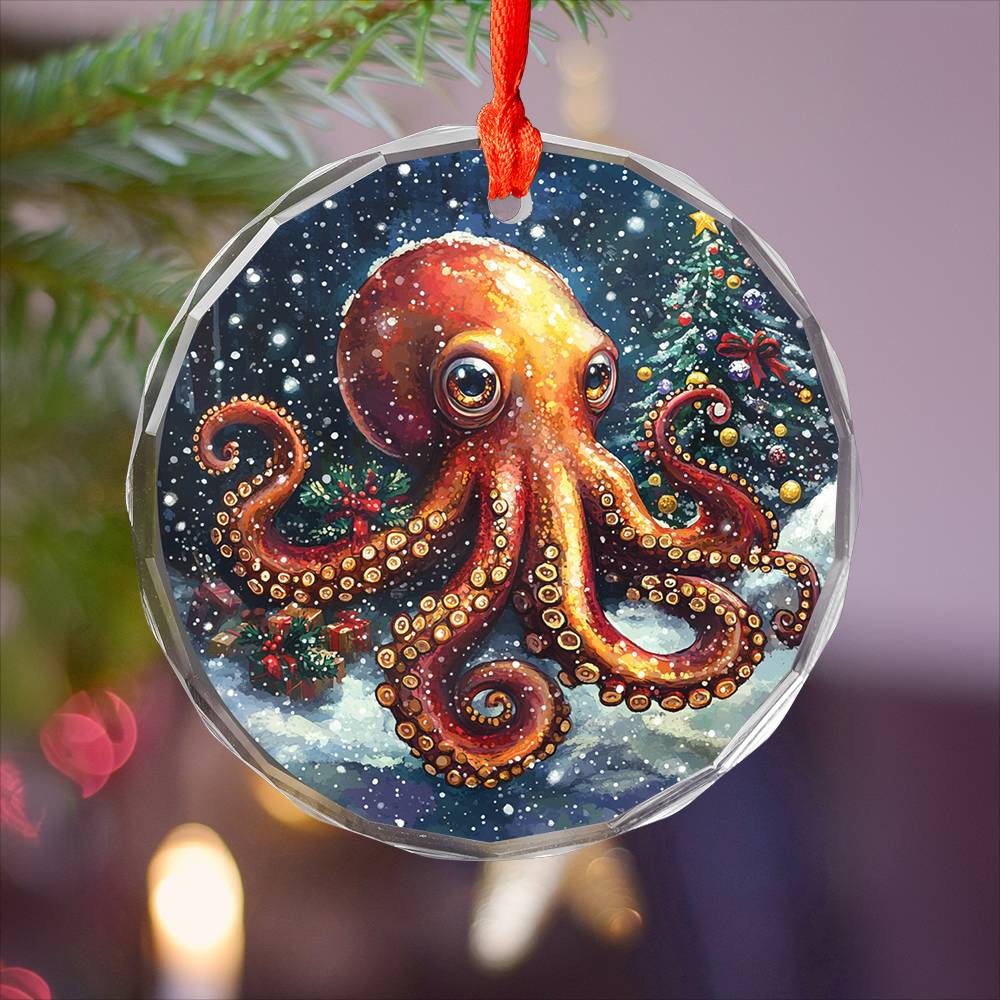 Beautiful Angus Octopus Christmas Night Design 1 Glass Ornament