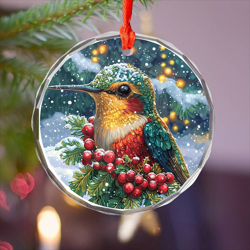 Beautiful Hummingbird Christmas Night Design 4 Glass Ornament