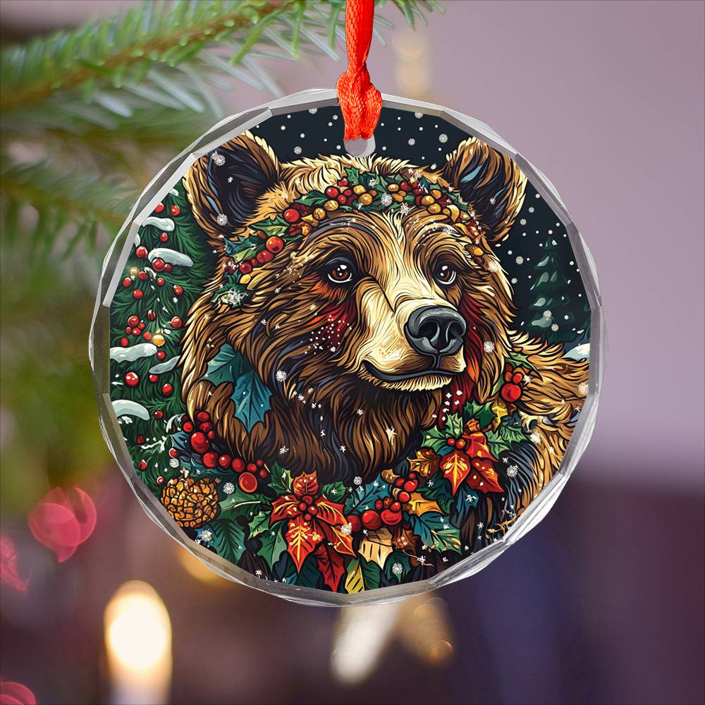Beautiful Angus Grizzly Bear Christmas Night Design 4 Glass Ornament
