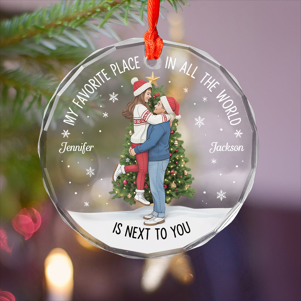 Christmas Couple Kissing My Favorite Place In All The World - Personalized Circle Glass Ornament 2