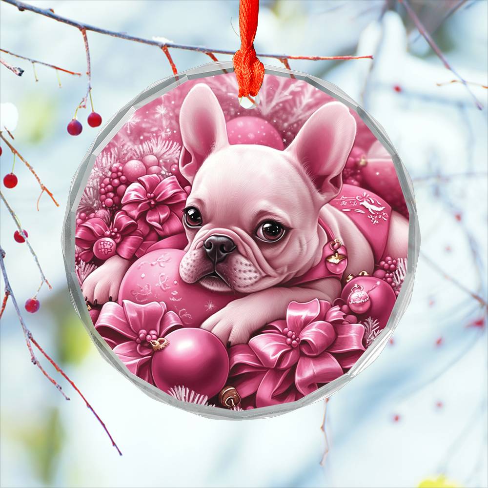French Bulldog Pink Christmas Design 2 Glass Ornament