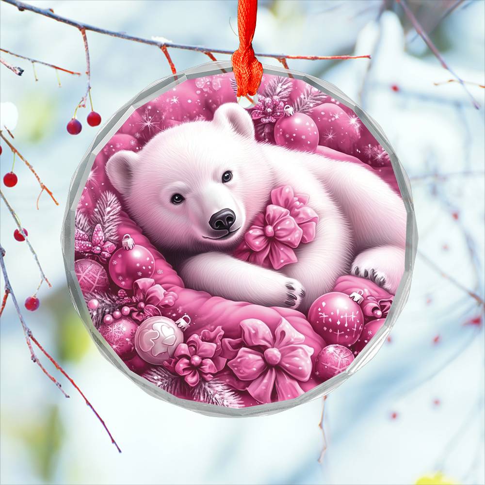 Pola Bear Pink Christmas Design 3 Glass Ornament
