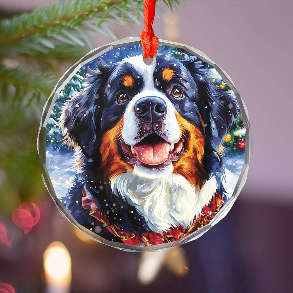 Beautiful Angus Bernese Mountain Dog Christmas Night Design 4 Glass Ornament