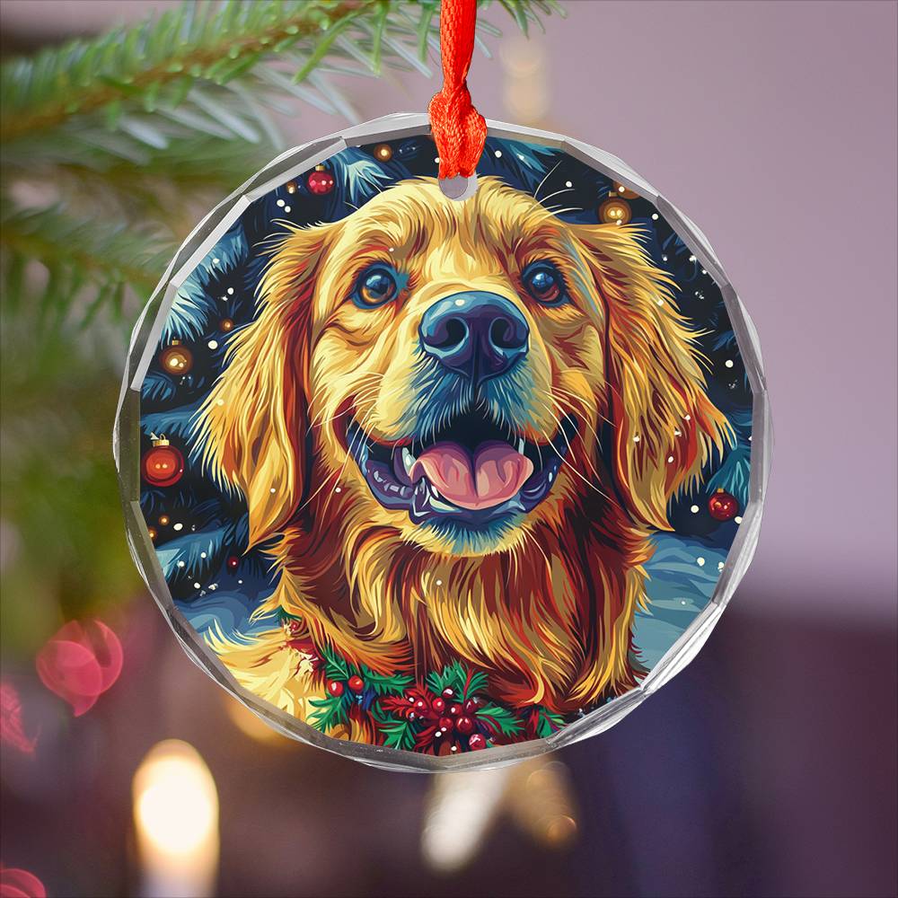 Beautiful Golden Retriever Dog Christmas Night Design 2 Glass Ornament
