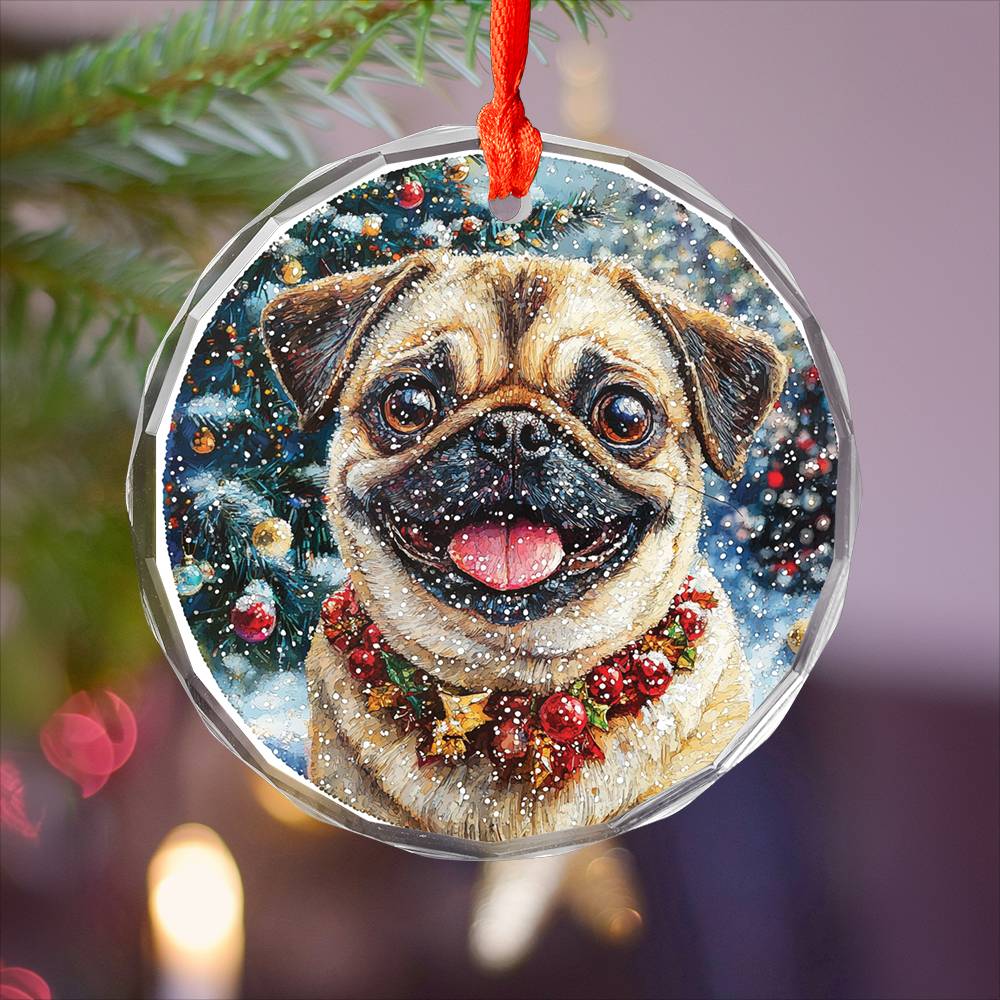 Beautiful Pug Dog Christmas Night Design 4 Glass Ornament