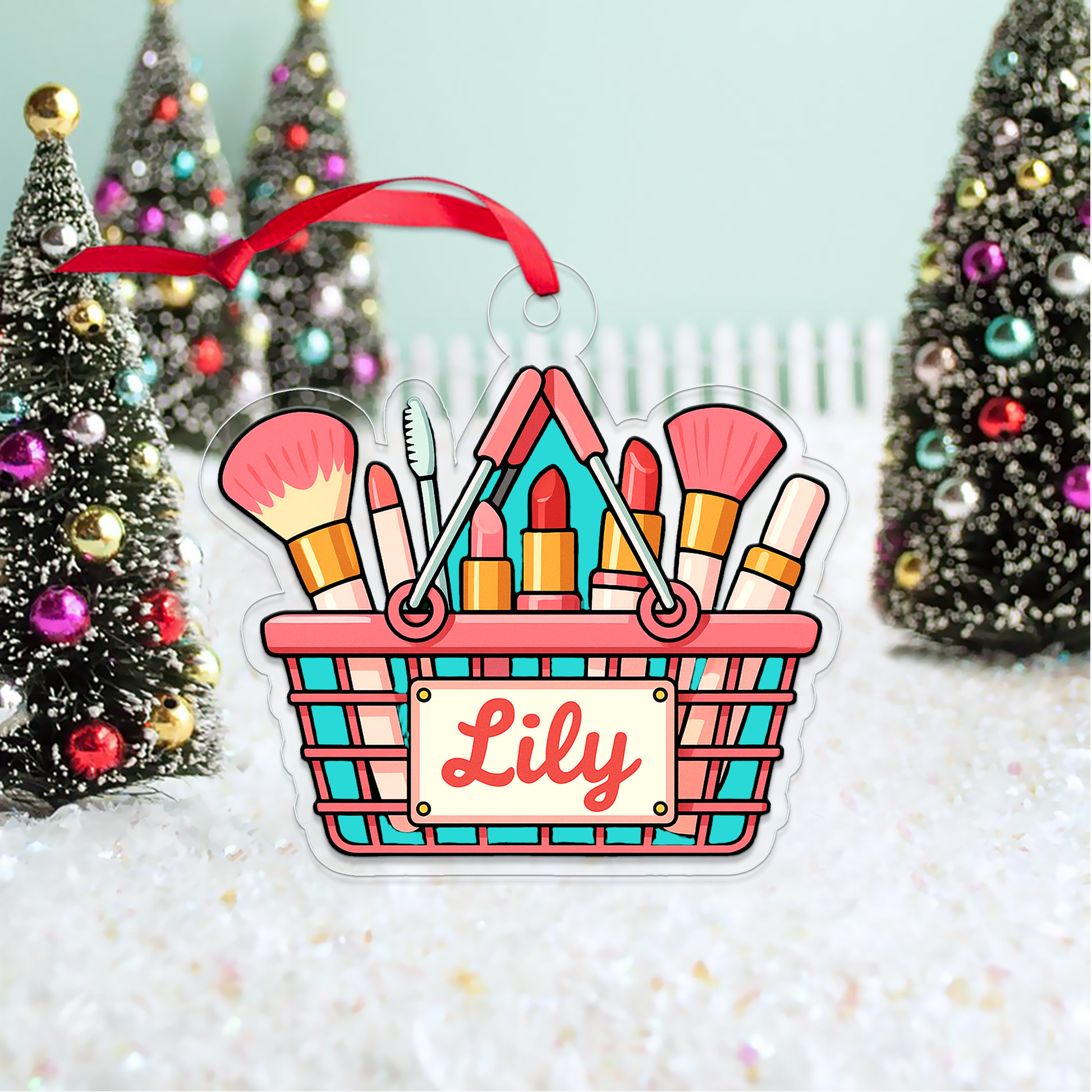Personalized Makeup Basket Acrylic Ornament, Christmas Decor, Beauty Ornaments, Makeup Artist Ornament, Xmas Makeup Gifts