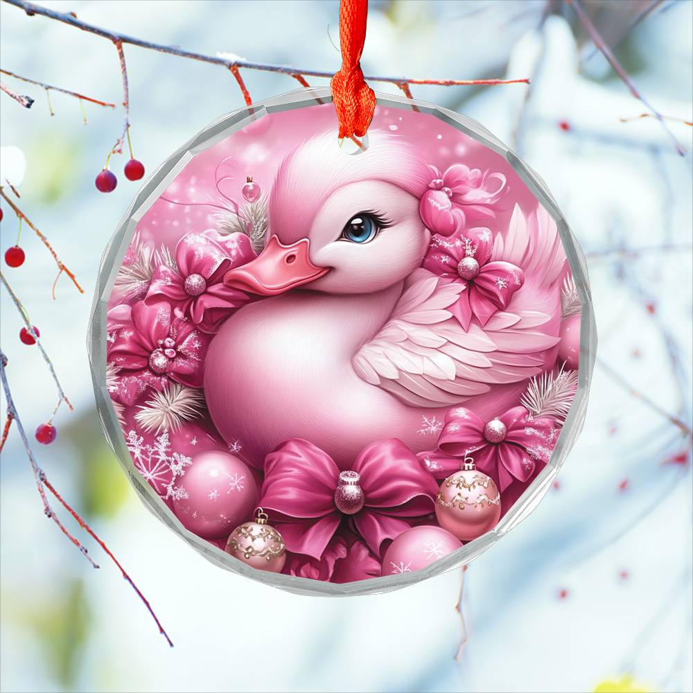 Duck Pink Christmas Design 3 Glass Ornament