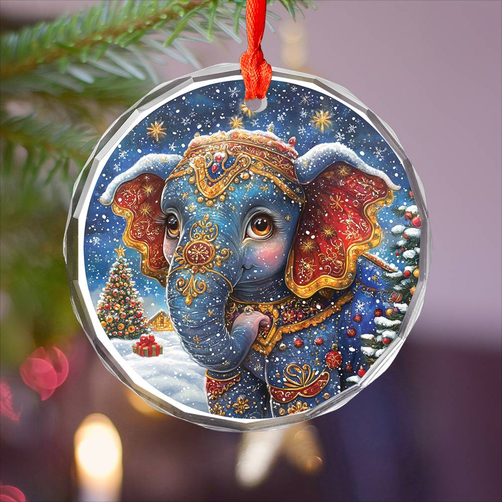 Beautiful Elephant Christmas Night Design 3 Glass Ornament