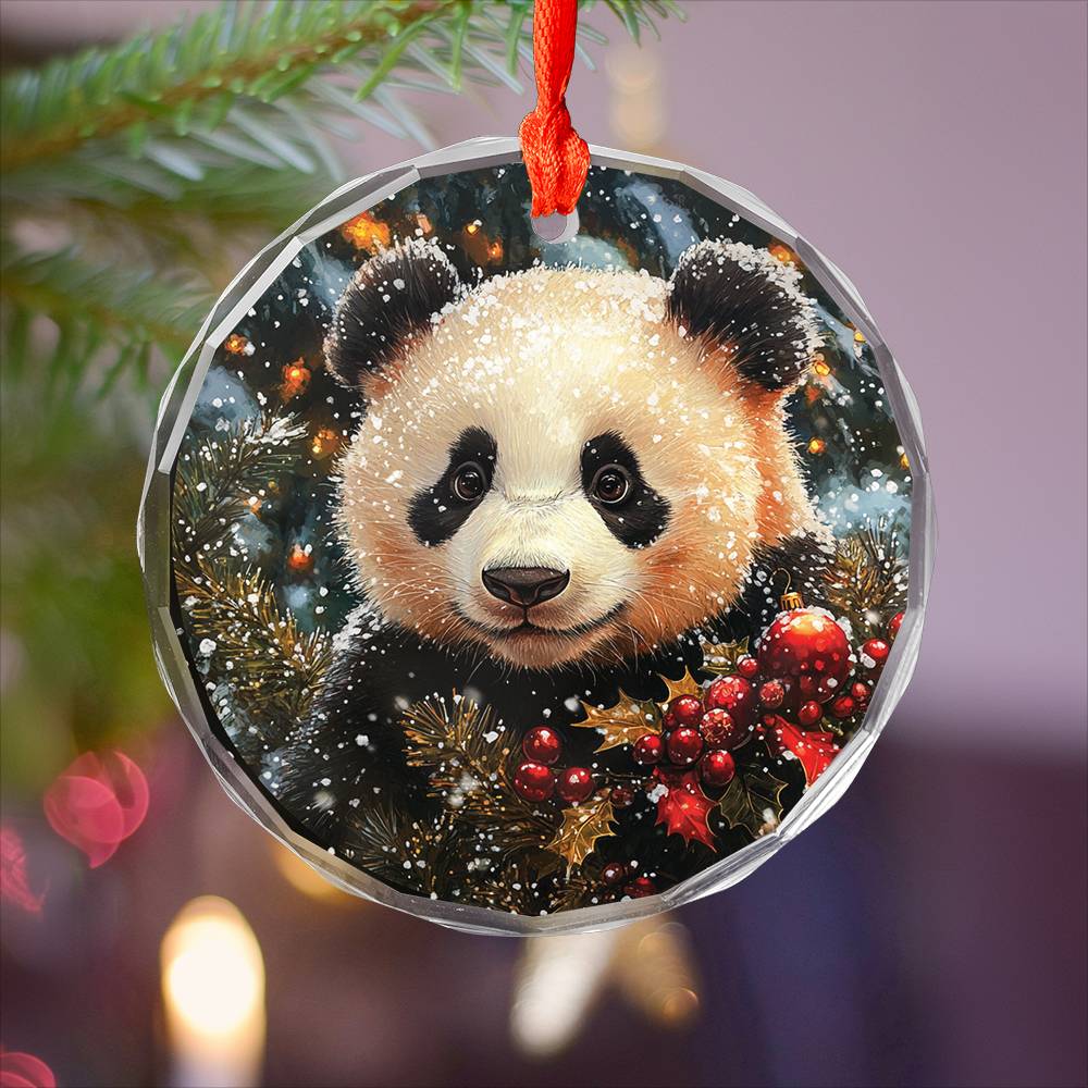 Beautiful Angus Panda Christmas Night Design 2 Glass Ornament