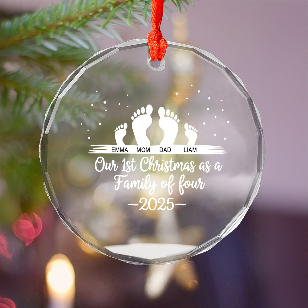 First Christmas As A Family Of Four Footprints - Personalized Heart Shaped Glass Ornament