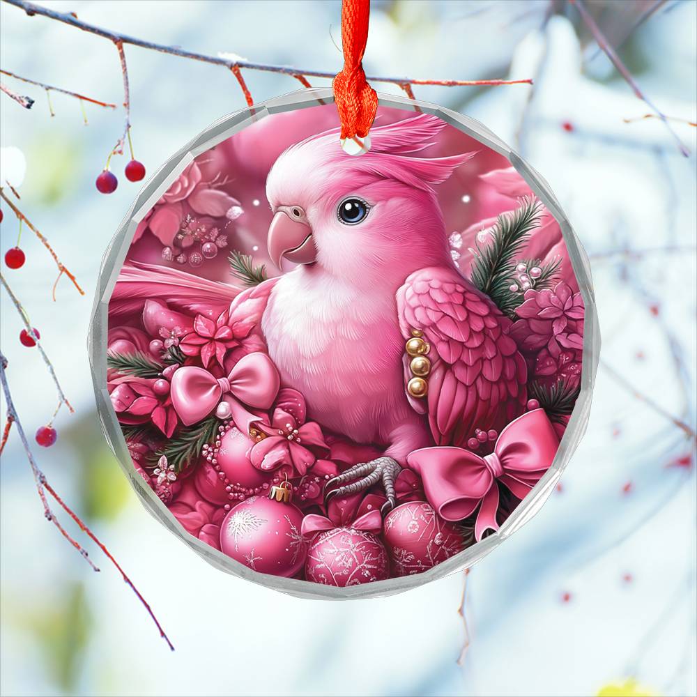 Parrot Pink Christmas Design 3 Glass Ornament