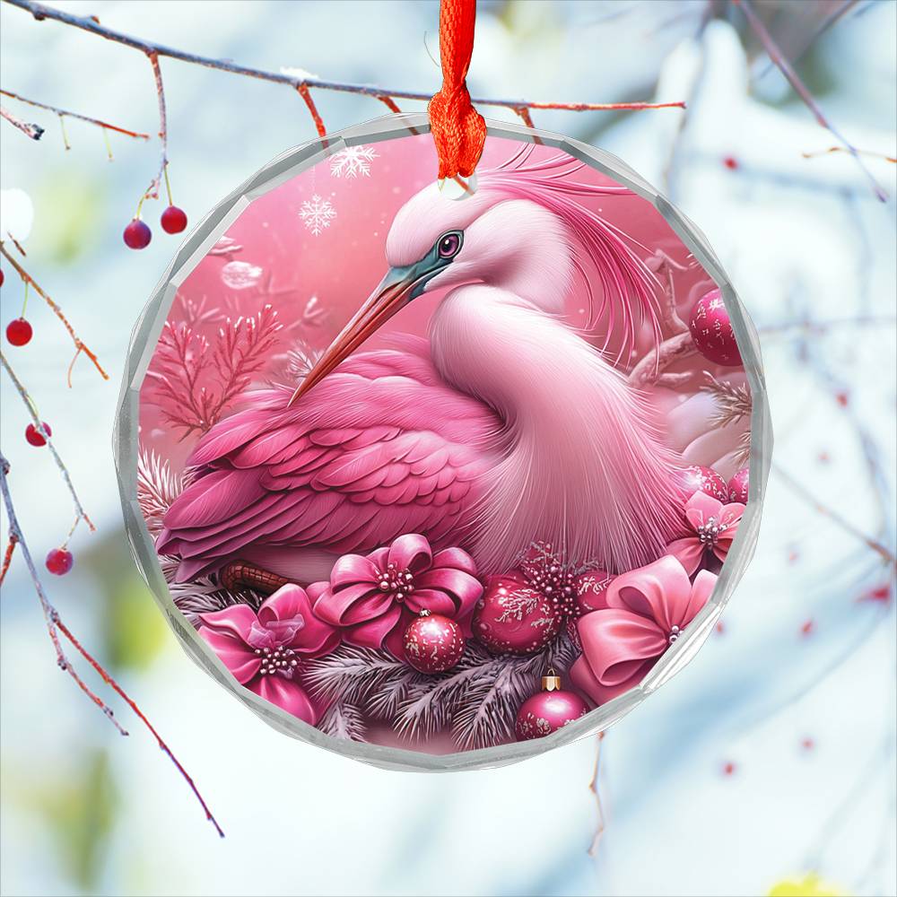 Heron Pink Christmas Design 3 Glass Ornament
