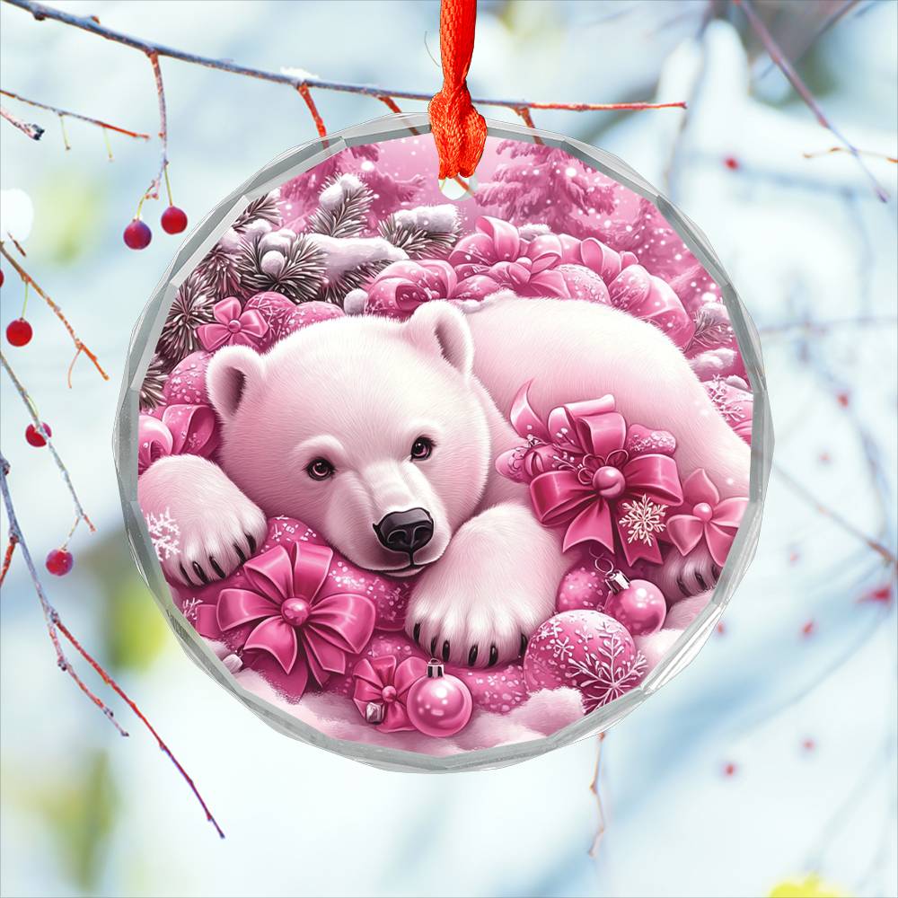 Pola Bear Pink Christmas Design 2 Glass Ornament