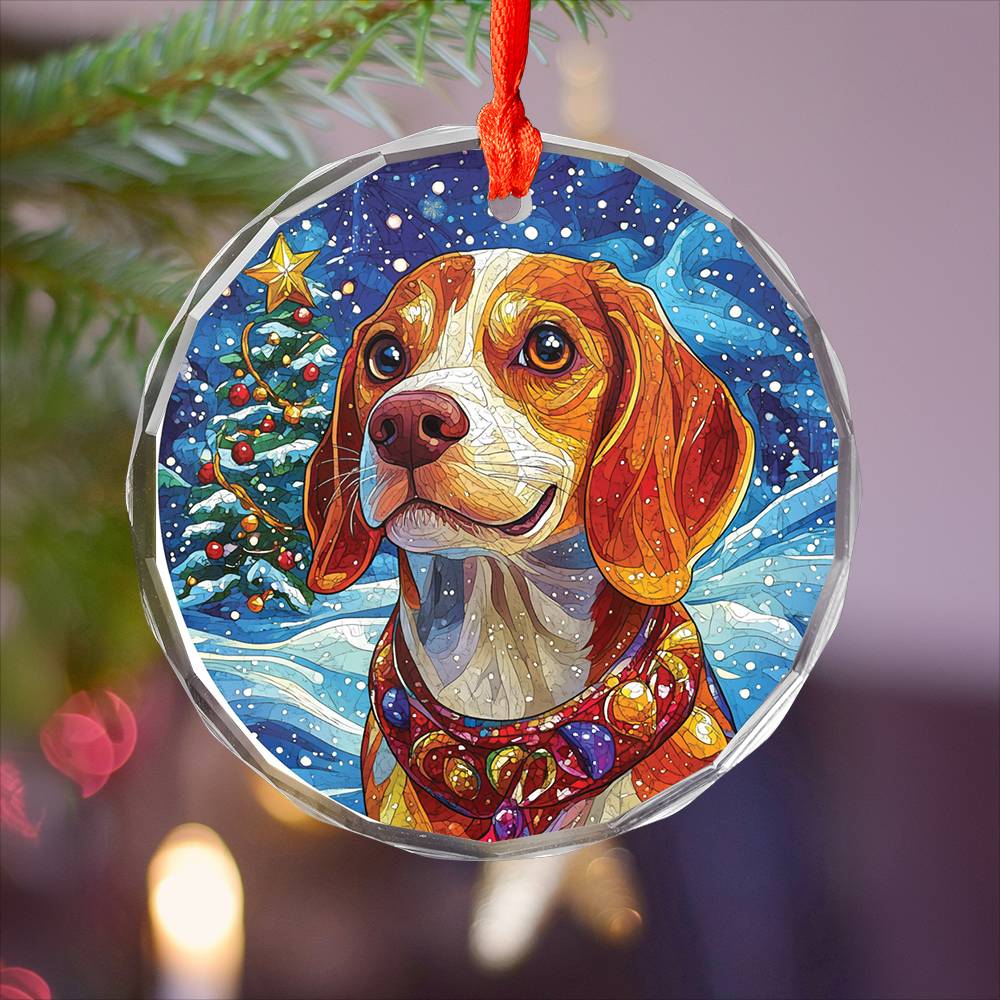 Beautiful Angus Beagle Dog Christmas Night Design 4 Glass Ornament