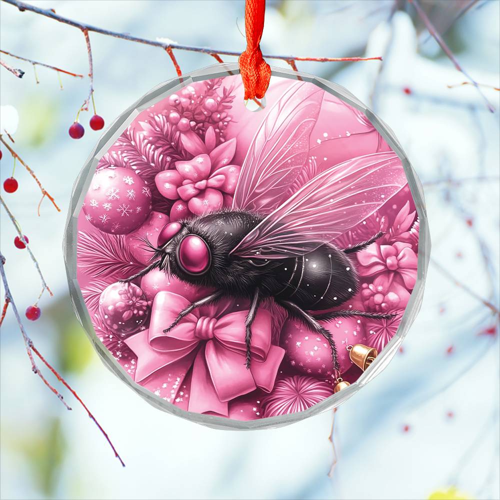 Fly Pink Christmas Design 1 Glass Ornament