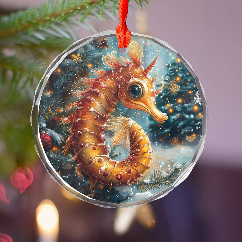 Beautiful Angus Seahorse Christmas Night Design 1 Glass Ornament